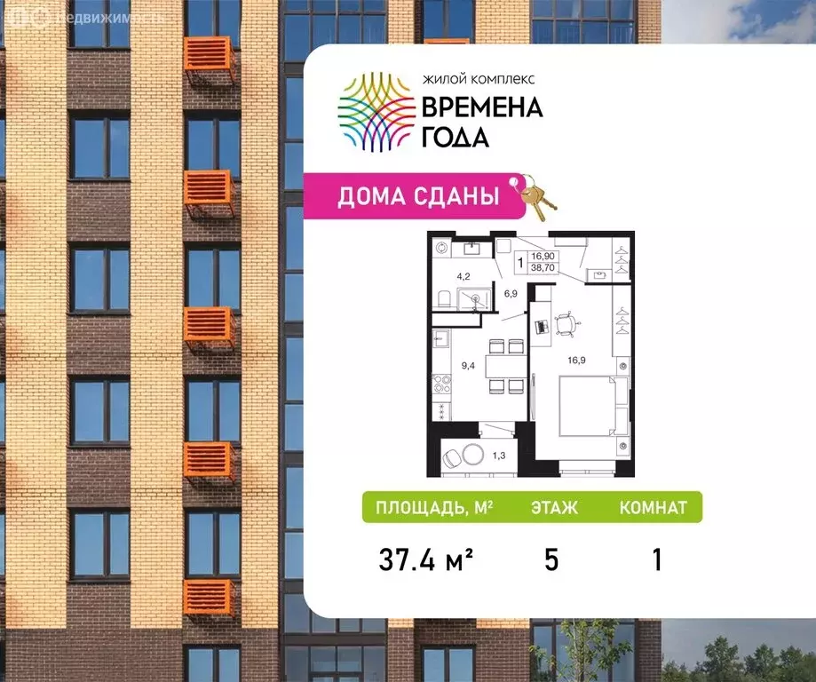 1-комнатная квартира: Апрелевка, жилой комплекс Времена Года, к2 (37.4 ... - Фото 1