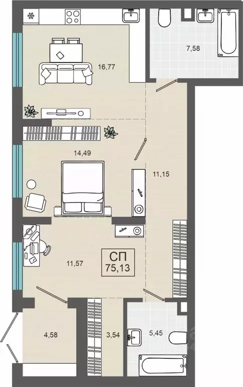 3-к кв. Тюменская область, Тюмень  (75.13 м) - Фото 0