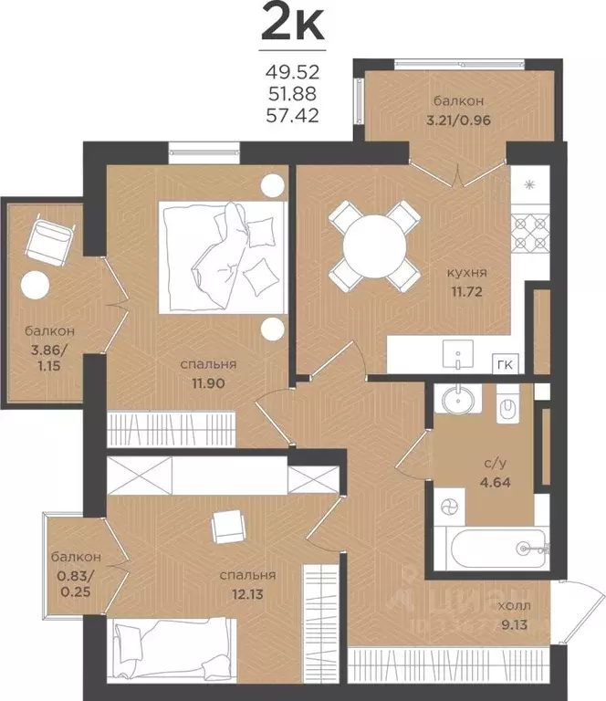 2-к кв. Калининградская область, Зеленоградск Вишневый квартал жилой ... - Фото 1