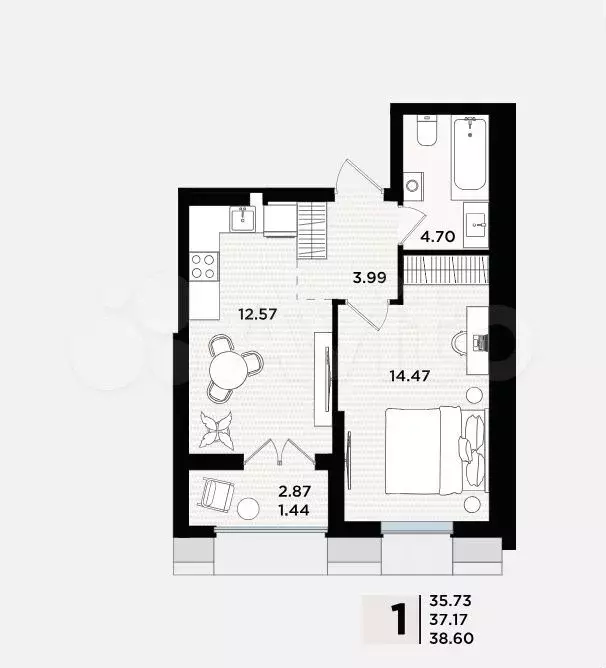 1-к. квартира, 37,2 м, 4/5 эт. - Фото 1