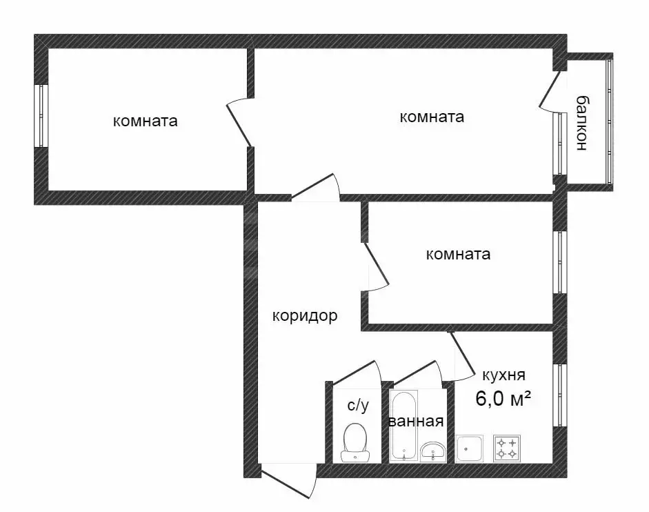 3-комнатная квартира: Заводоуковск, Шоссейная улица, 5 (58 м) - Фото 1