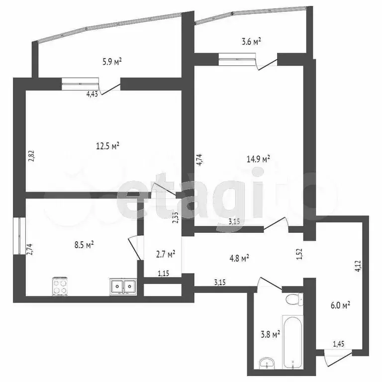 2-к. квартира, 54,5 м, 9/14 эт. - Фото 0