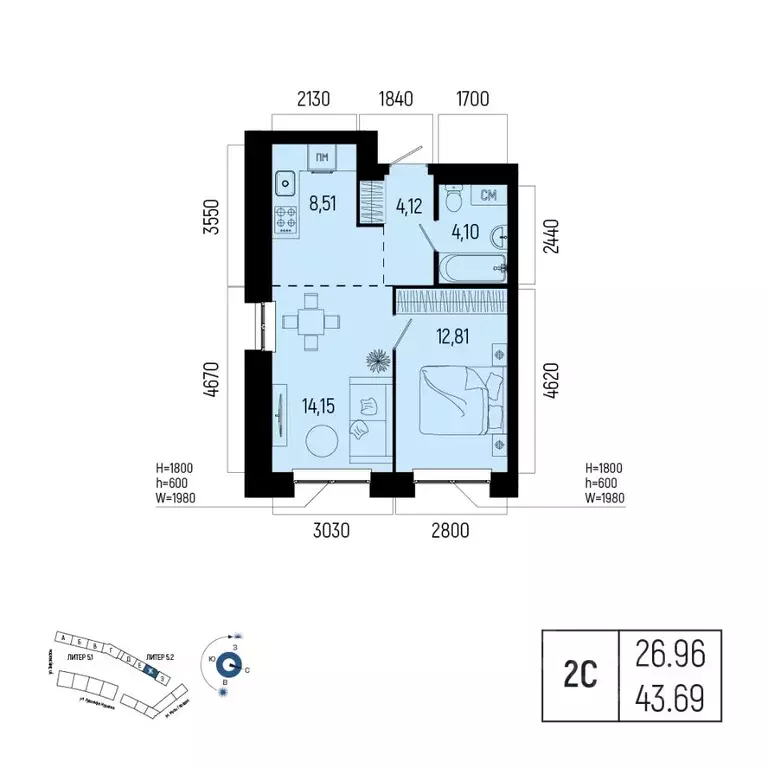 2-к кв. Башкортостан, Уфа Глумилино-1 мкр, Новатор жилой комплекс ... - Фото 1