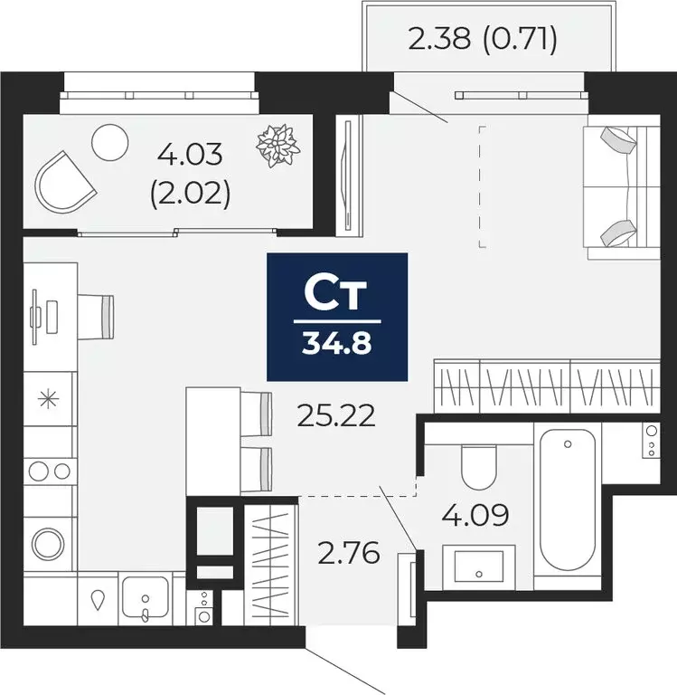 1-комнатная квартира: Тюмень, микрорайон Энтузиастов (35.75 м) - Фото 0
