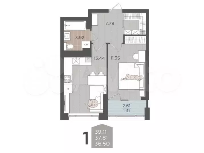 1-к. квартира, 37,8 м, 8/9 эт. - Фото 1