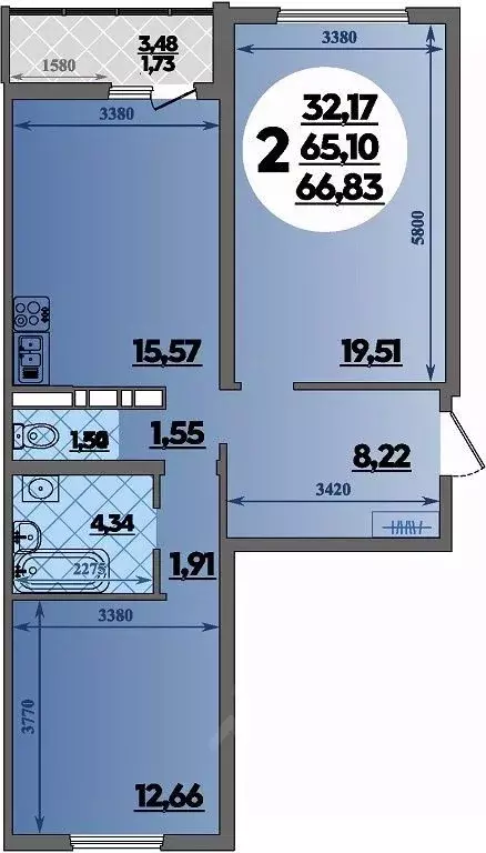 2-к кв. Адыгея, Майкоп ул. Михайлова, 7 (66.83 м) - Фото 1