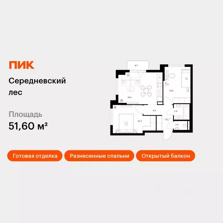 2-к кв. Москва Середневский Лес жилой комплекс (51.6 м) - Фото 0