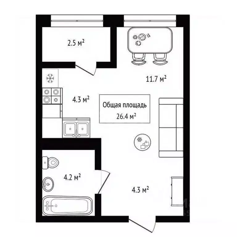 Студия Новосибирская область, Новосибирск Тайгинская ул., 39 (26.4 м) - Фото 1