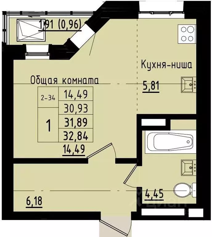 1-к кв. Саха (Якутия), Покровск ул. Орджоникидзе, 68 (31.89 м) - Фото 0