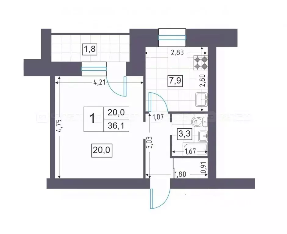 1-к кв. Татарстан, Казань ул. Чапаева, 21 (36.1 м) - Фото 2