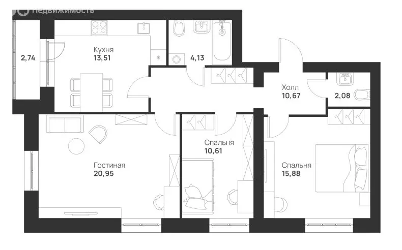 3-комнатная квартира: Тула, улица Героя России Зиничева, 1 (80.57 м) - Фото 1