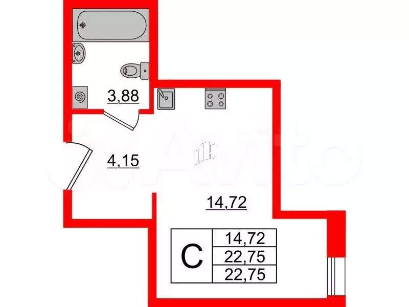 Квартира-студия, 22,8 м, 4/13 эт. - Фото 0