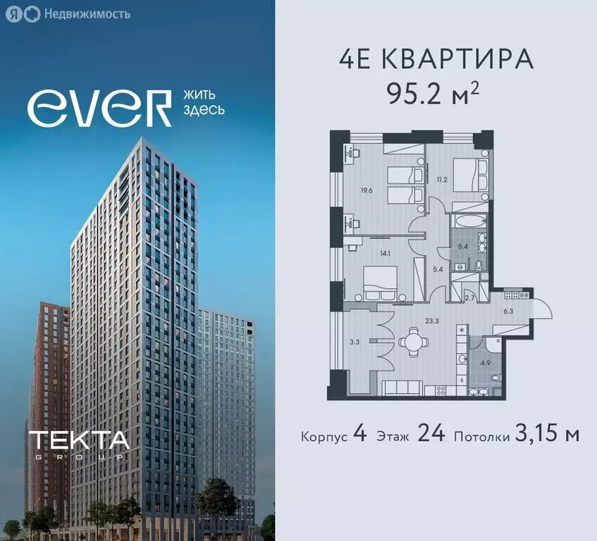 4-комнатная квартира: Москва, жилой комплекс Эвер (95.2 м) - Фото 0