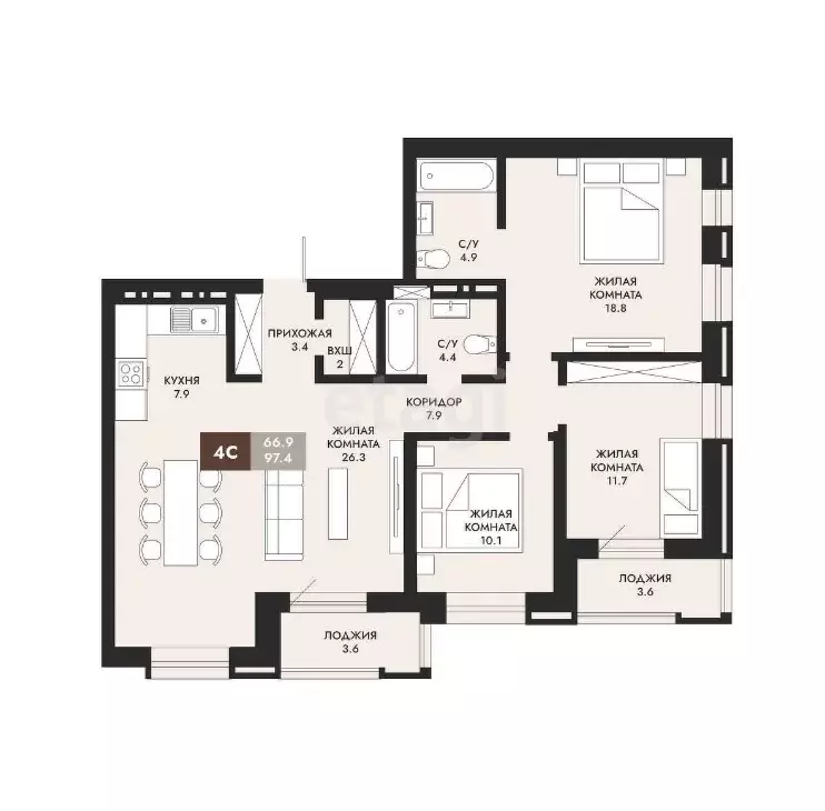 Продаётся 4-к квартира, 97.4 м - Фото 1