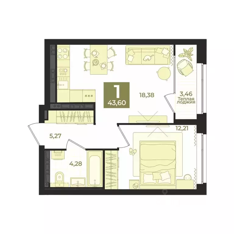 1-к кв. Свердловская область, Екатеринбург пер. Ударников, 33 (43.6 м) - Фото 1