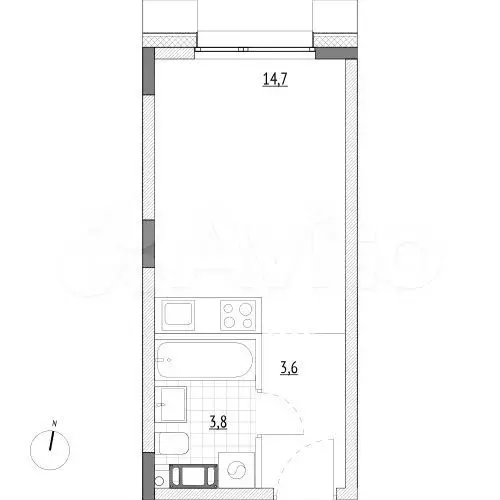 Апартаменты-студия, 22,1 м, 4/7 эт. - Фото 1