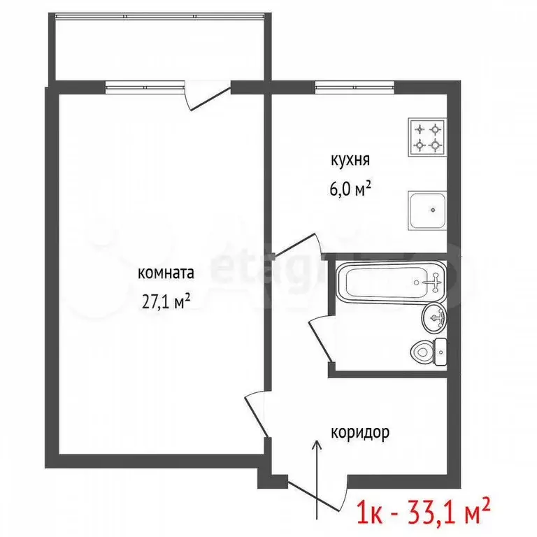 1-к. квартира, 33,1 м, 7/9 эт. - Фото 1