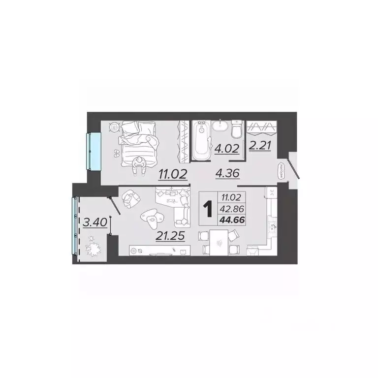 1-к кв. Брянская область, Брянск Архитектор жилой комплекс (44.66 м) - Фото 1
