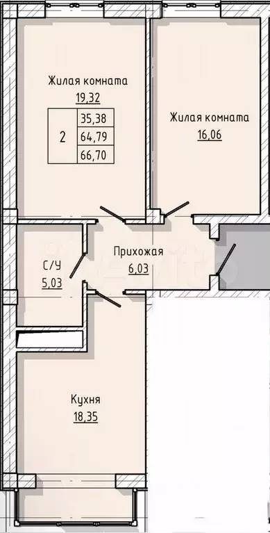 2-к. квартира, 66,7 м, 1/8 эт. - Фото 1