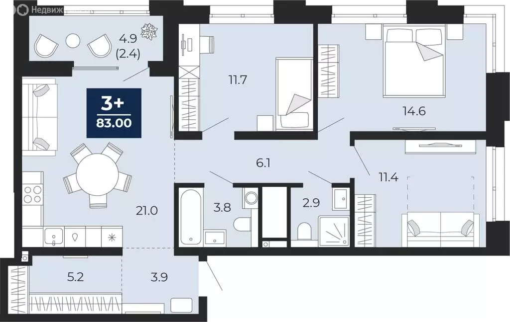 3-комнатная квартира: Тюмень, проезд Капитана Куликова, 3 (85.5 м) - Фото 1