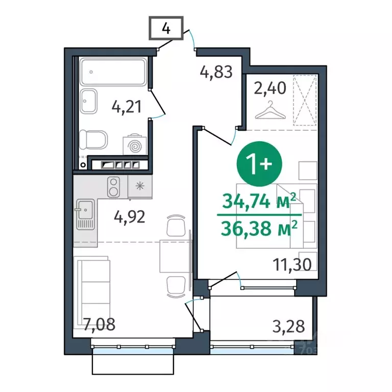 1-к кв. Тюменская область, Тюмень ул. Тимофея Кармацкого, 17 (34.72 м) - Фото 0