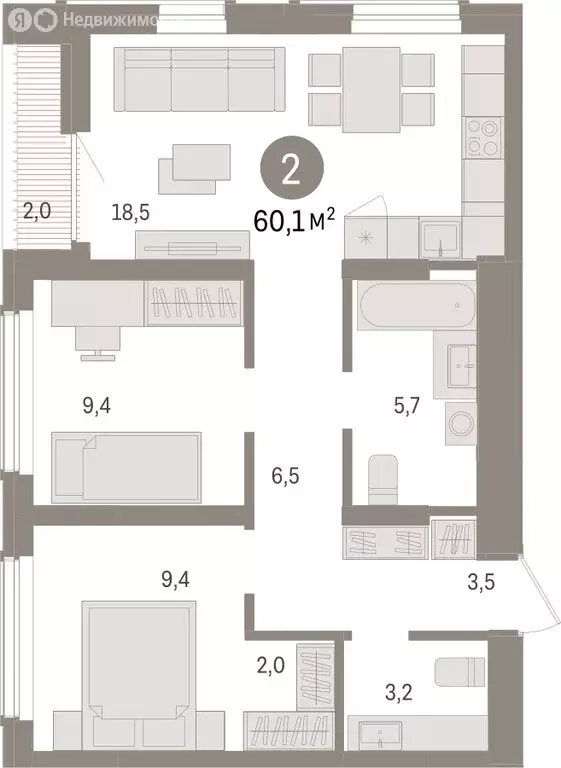 2-комнатная квартира: Новосибирск, улица Аэропорт (60.06 м) - Фото 1