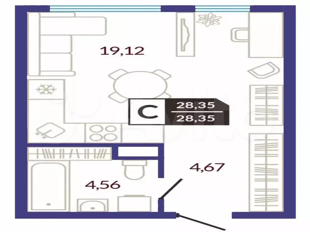 Квартира-студия, 28,4 м, 2/14 эт. - Фото 1