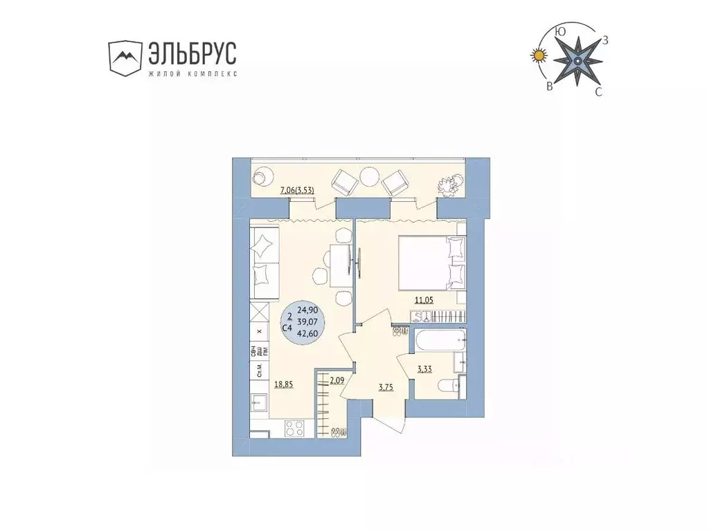 2-к кв. Башкортостан, Уфа Кавказская ул., 24 (42.6 м) - Фото 1