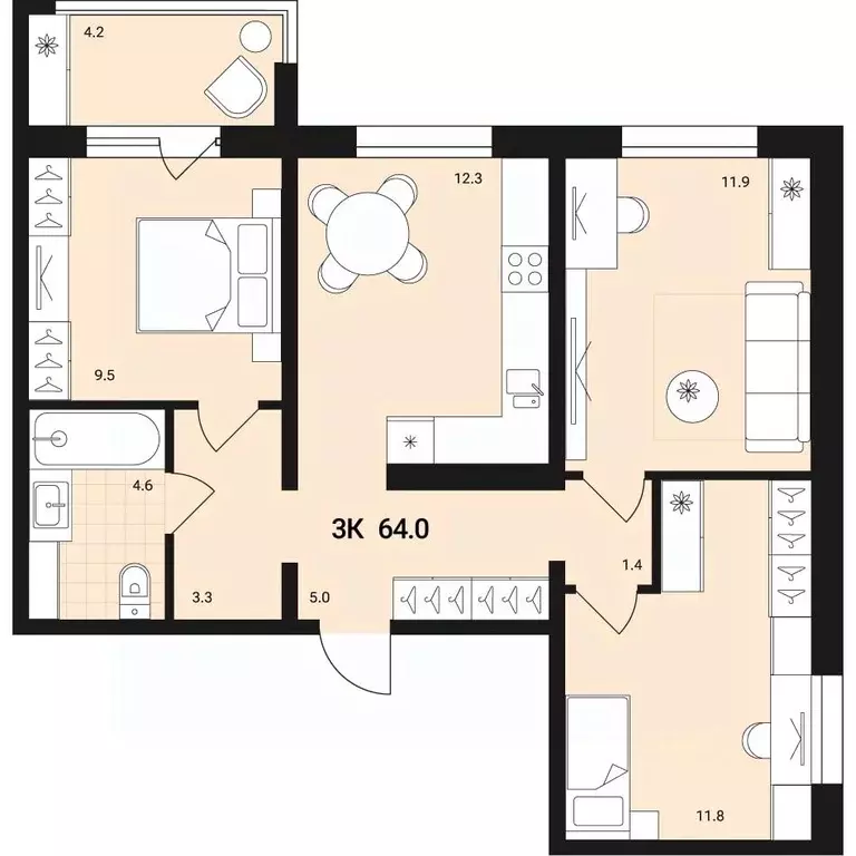 3-к кв. Новосибирская область, Обь Геодезия мкр,  (64.0 м) - Фото 0