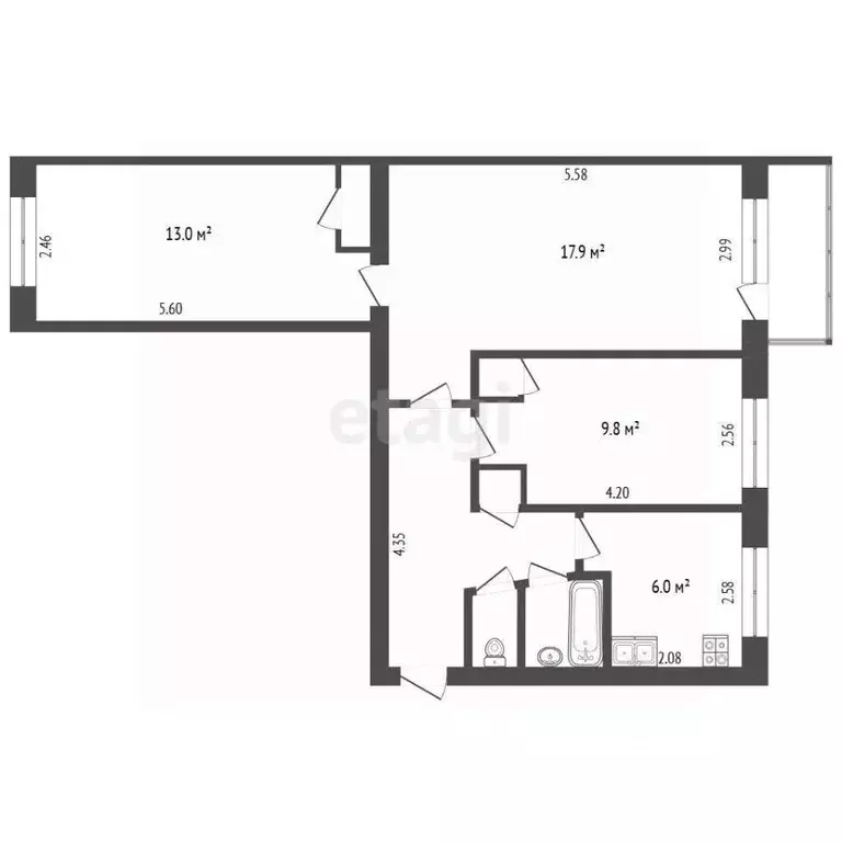 3-к кв. Тюменская область, Тюмень ул. 50 лет ВЛКСМ, 89 (58.5 м) - Фото 2