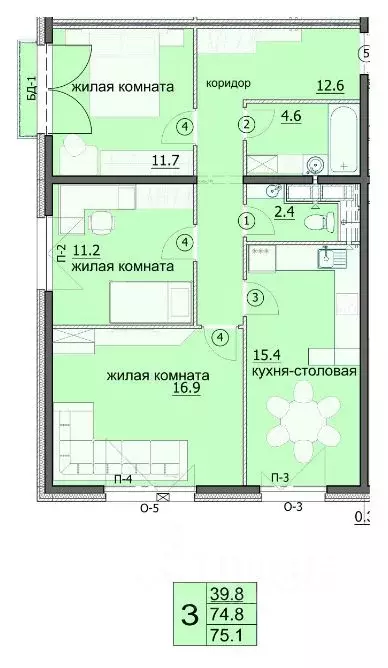 3-к кв. Пензенская область, Пенза ул. Яшиной, 8 (75.1 м) - Фото 1