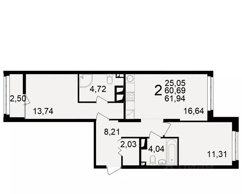 2-к кв. Рязанская область, Рязань ул. Чкалова (60.69 м) - Фото 1