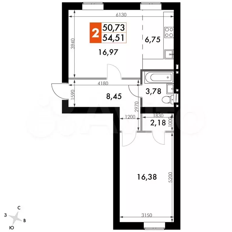 2-к. квартира, 53,5 м, 1/4 эт. - Фото 0