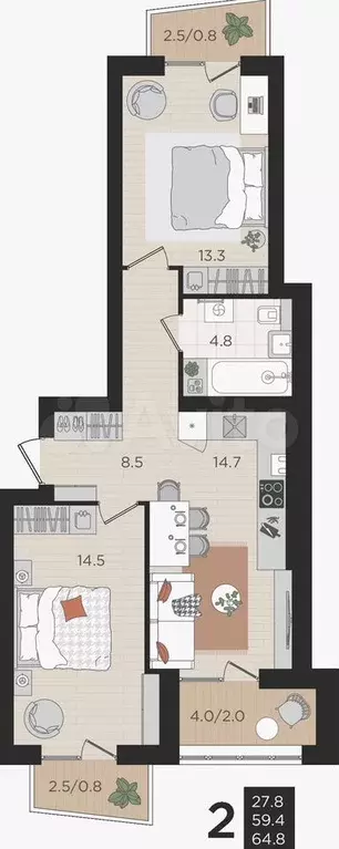 2-к. квартира, 59,4 м, 2/4 эт. - Фото 0