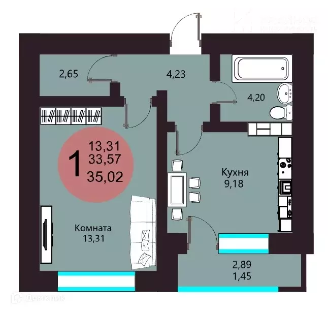 Продаётся 1-к квартира, 35.02 м - Фото 1