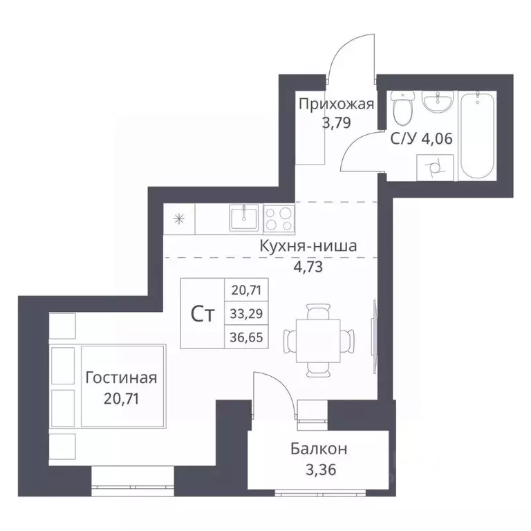 Студия Новосибирская область, Новосибирск Игарская ул., 40/2 (33.29 м) - Фото 0