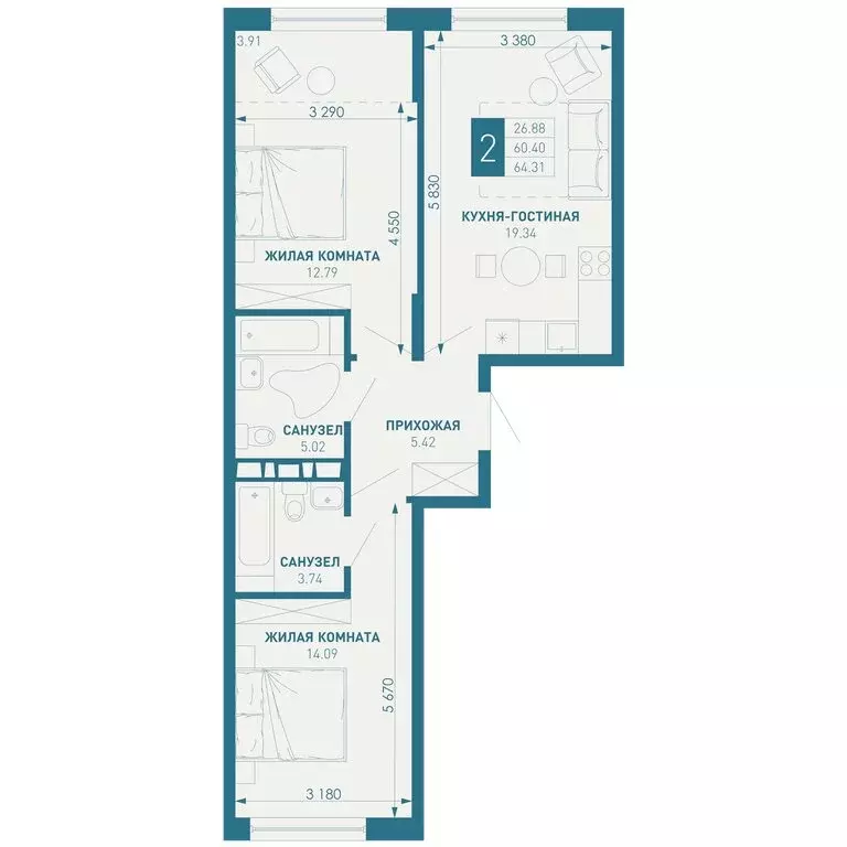 2-комнатная квартира: Краснодар, посёлок Берёзовый, микрорайон ... - Фото 0