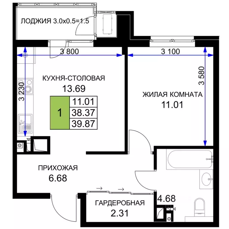 1-к кв. Краснодарский край, Краснодар  (39.87 м) - Фото 0