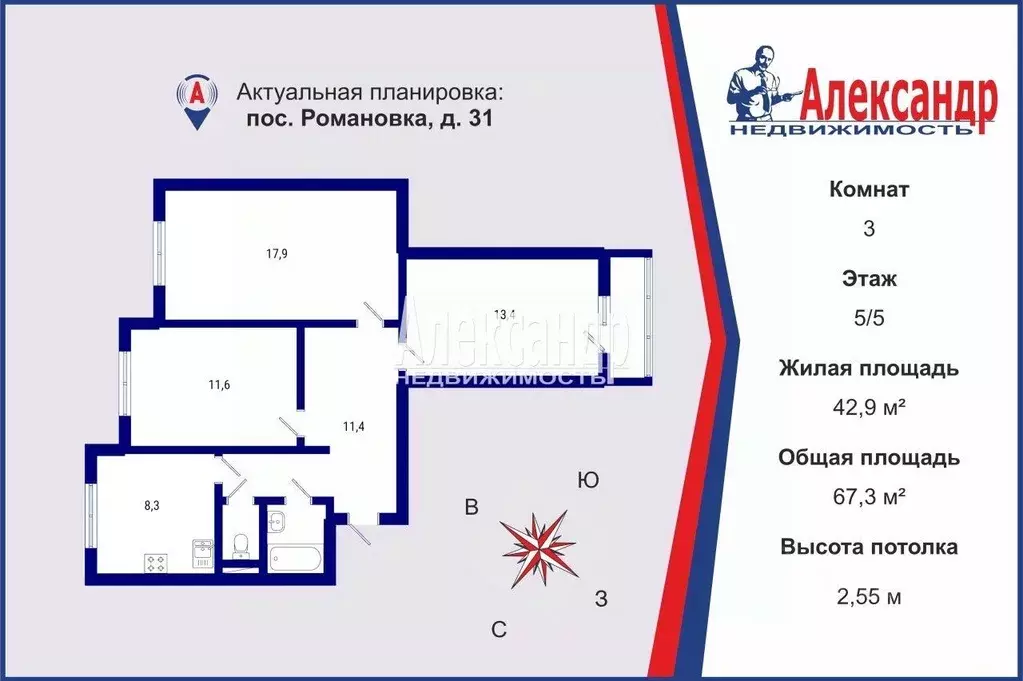 3-к кв. Ленинградская область, Всеволожский район, Романовское с/пос, ... - Фото 2