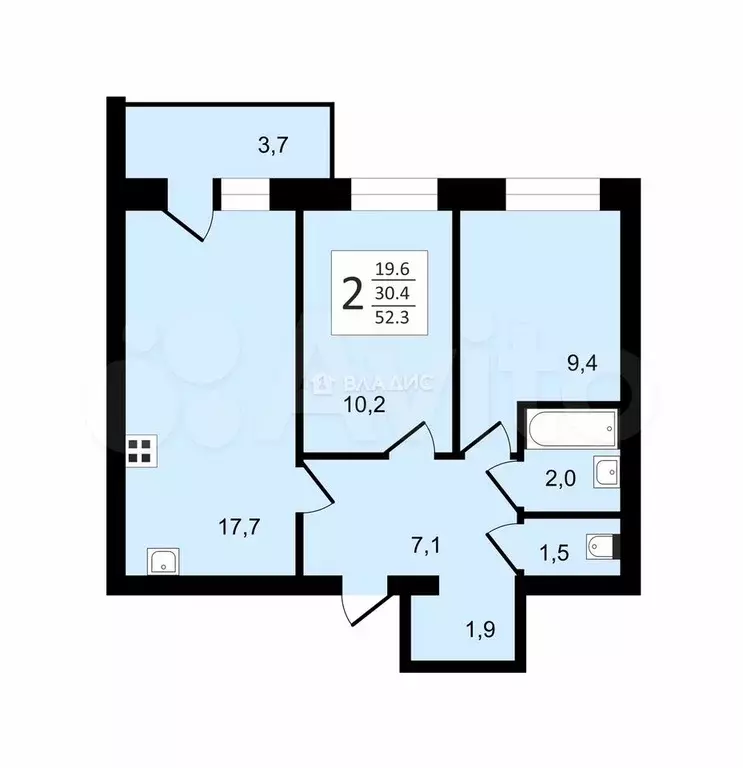 2-к. квартира, 52,6 м, 3/10 эт. - Фото 0