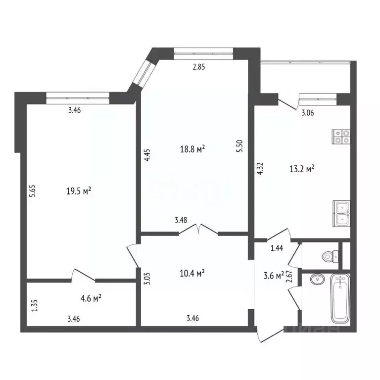 2-к кв. Тюменская область, Тюмень ул. Малыгина, 8 (73.9 м) - Фото 2