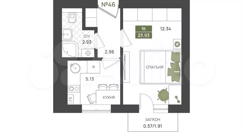1-к. квартира, 23,9 м, 1/5 эт. - Фото 1