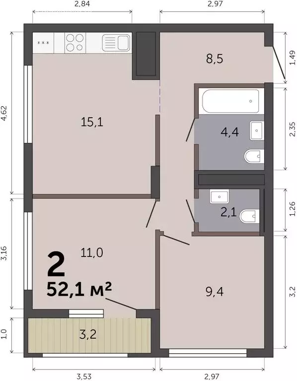 2-комнатная квартира: Екатеринбург, Трамвайный переулок, 4 (52.1 м) - Фото 1