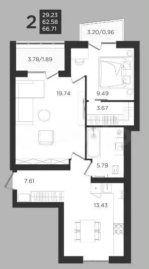 2-к. квартира, 62,6 м, 3/4 эт. - Фото 1