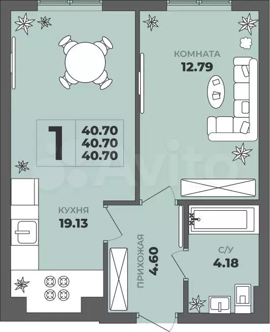 1-к. квартира, 40,7 м, 1/8 эт. - Фото 1
