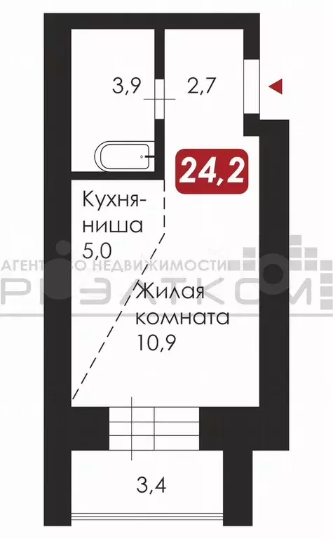 Квартира-студия, 24,2 м, 1/9 эт. - Фото 0
