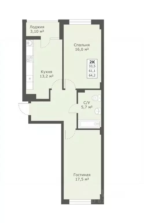 2-к кв. Ставропольский край, Ставрополь № 28 мкр,  (63.9 м) - Фото 1