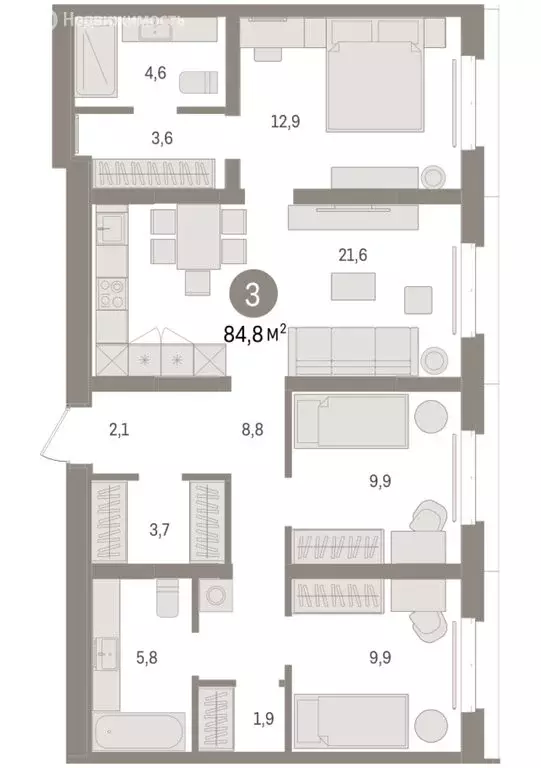 3-комнатная квартира: Тюмень, жилой комплекс На Минской (84.79 м) - Фото 1