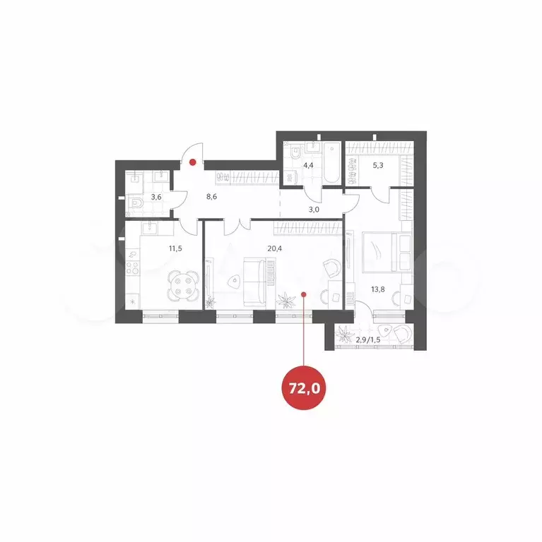 2-к. квартира, 72 м, 3/4 эт. - Фото 0