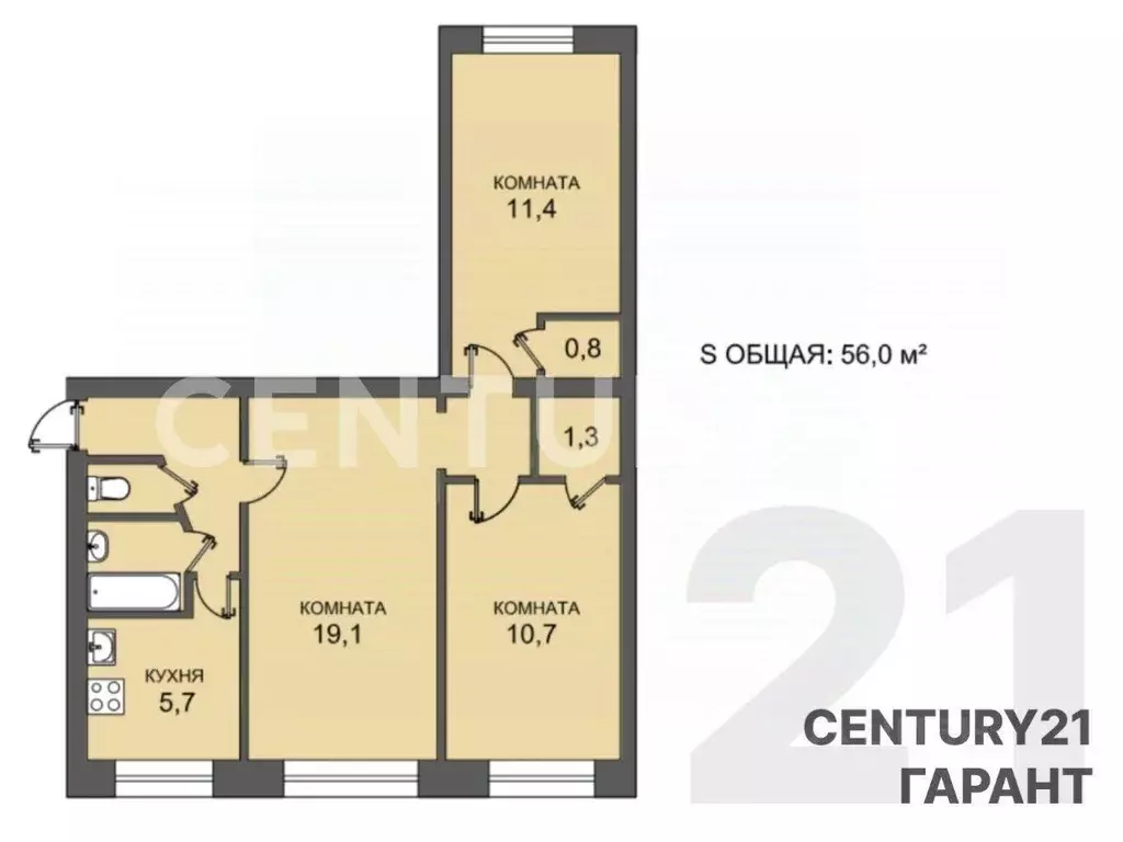 Квартира, 3 комнаты, 56 м - Фото 0